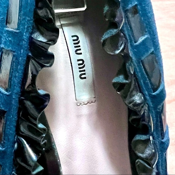 MIU MIU Y2K Coquette Teal suede leather bow stiletto heels womens 8.5 Victorian - Picture 6 of 11